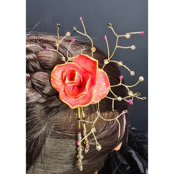 Unique Handcrafted Elegant Gemstone Asian Inspired Pink and Gold Rose Hair Stick - Picture 2 of 7